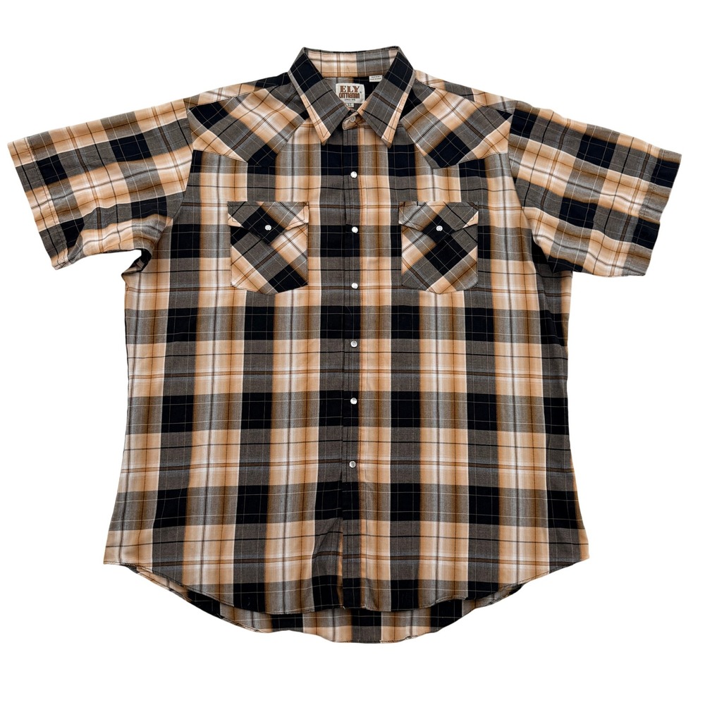 Ely Cattleman Mens XL Western Plaid Short Sleeve Pearl Snap Shirt Orange Black